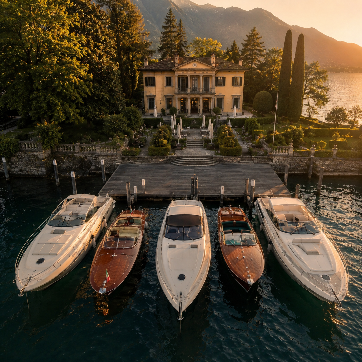 Como Yacht Experience fleet docked on Lake Como at sunset