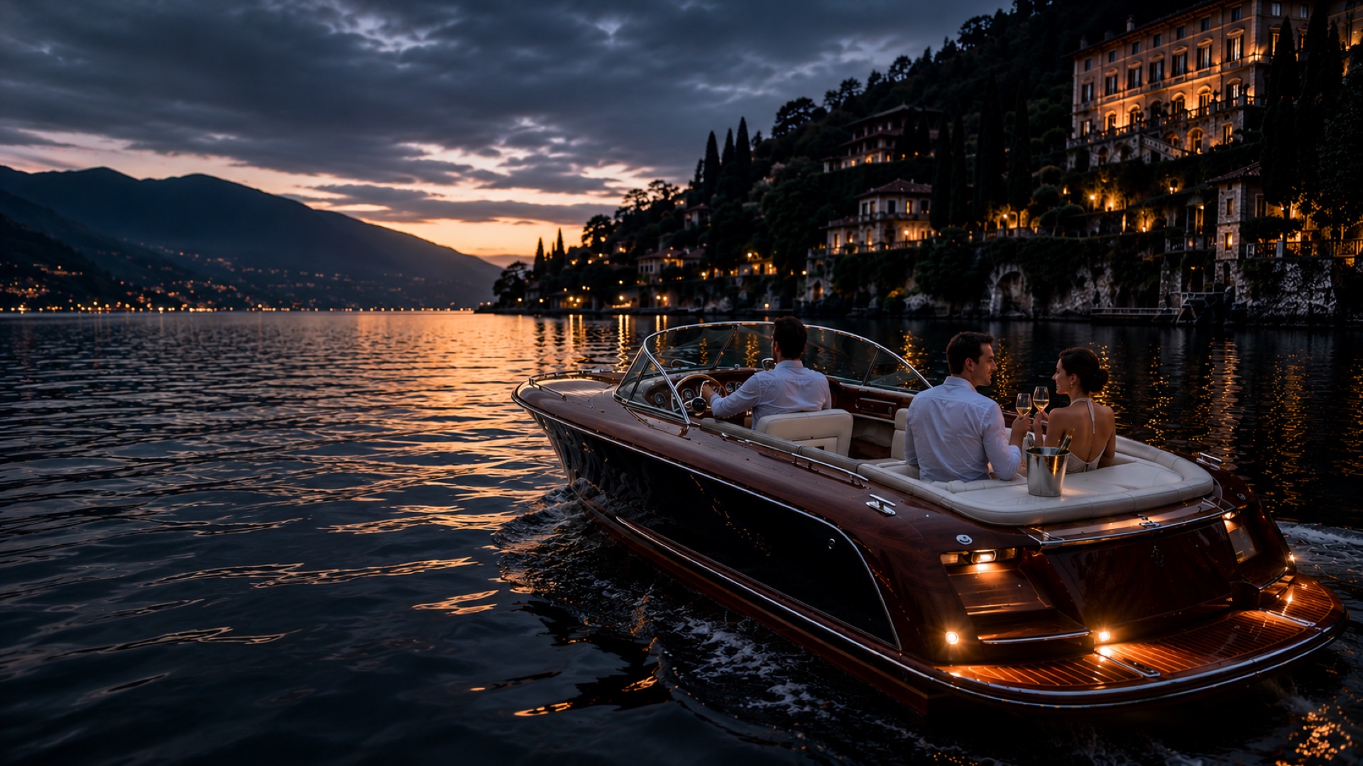 Boat cruising on Lake Como at golden hour